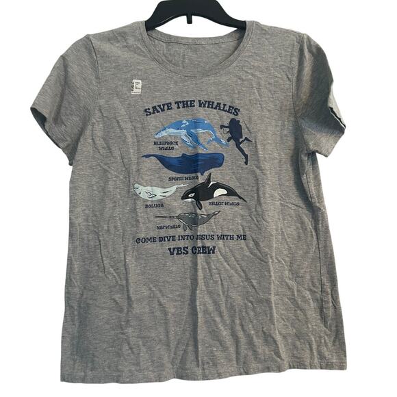 NWOT Adult Gray Short Sleeve T Shirt Save The Whales Dive into Jesus VBS Size M - Picture 1 of 3